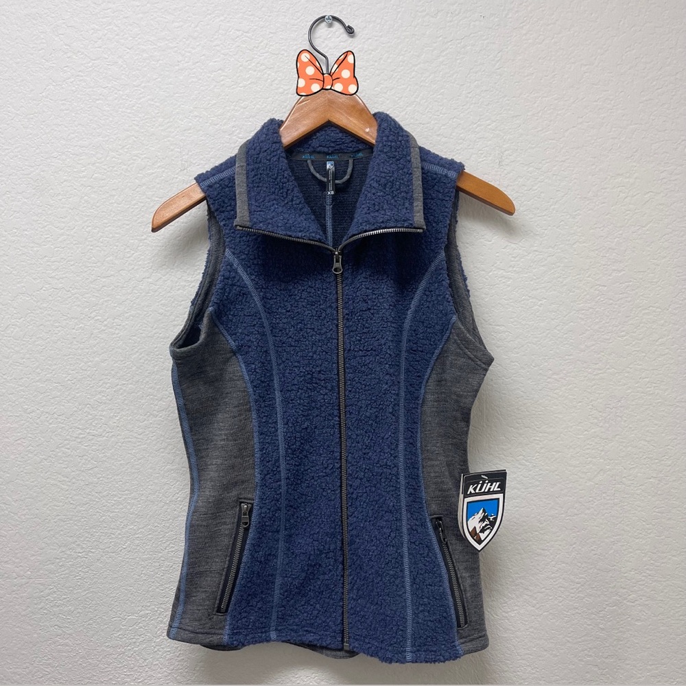 NWT Kuhl Kozet Zip Up Vest Womens XS Wool Blend Fleece Outdoors Navy & Gray